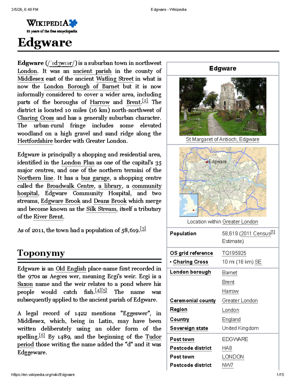 Edgware Overview: History, Geography, and Community Insights - Studocu