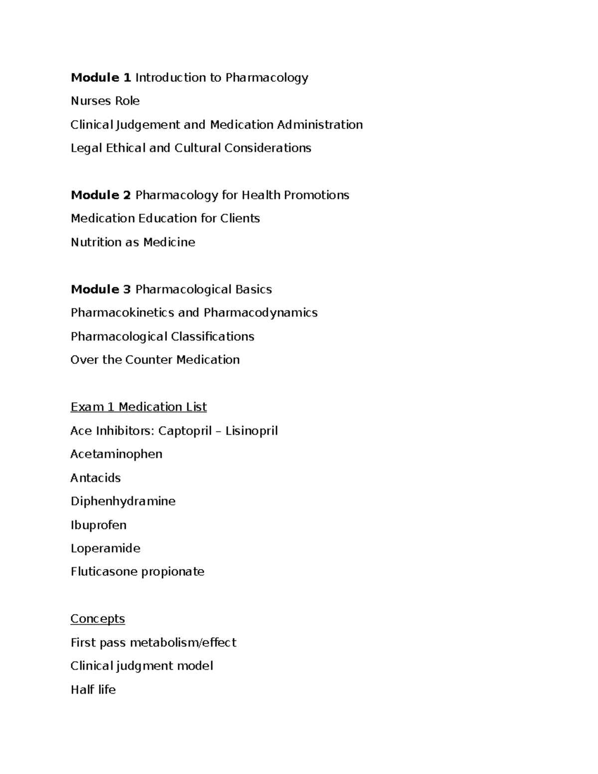 Exam1Info - Good notes - Module 1 Introduction to Pharmacology Nurses ...