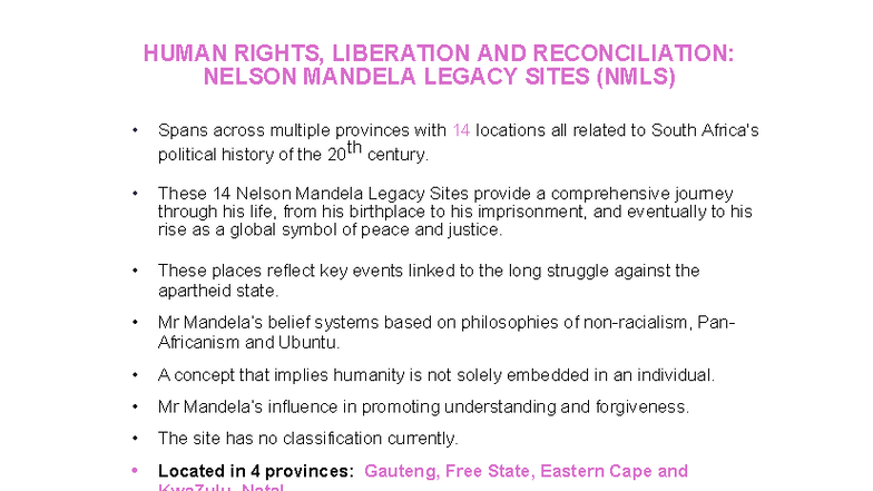 HUMAN RIGHTS AND LIBERATION: NELSON MANDELA LEGACY SITES (NMLS) - Studocu