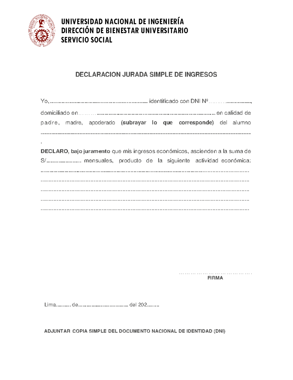 Declaracion Jurada Simple DE Ingresos - UNIVERSIDAD NACIONAL DE ...