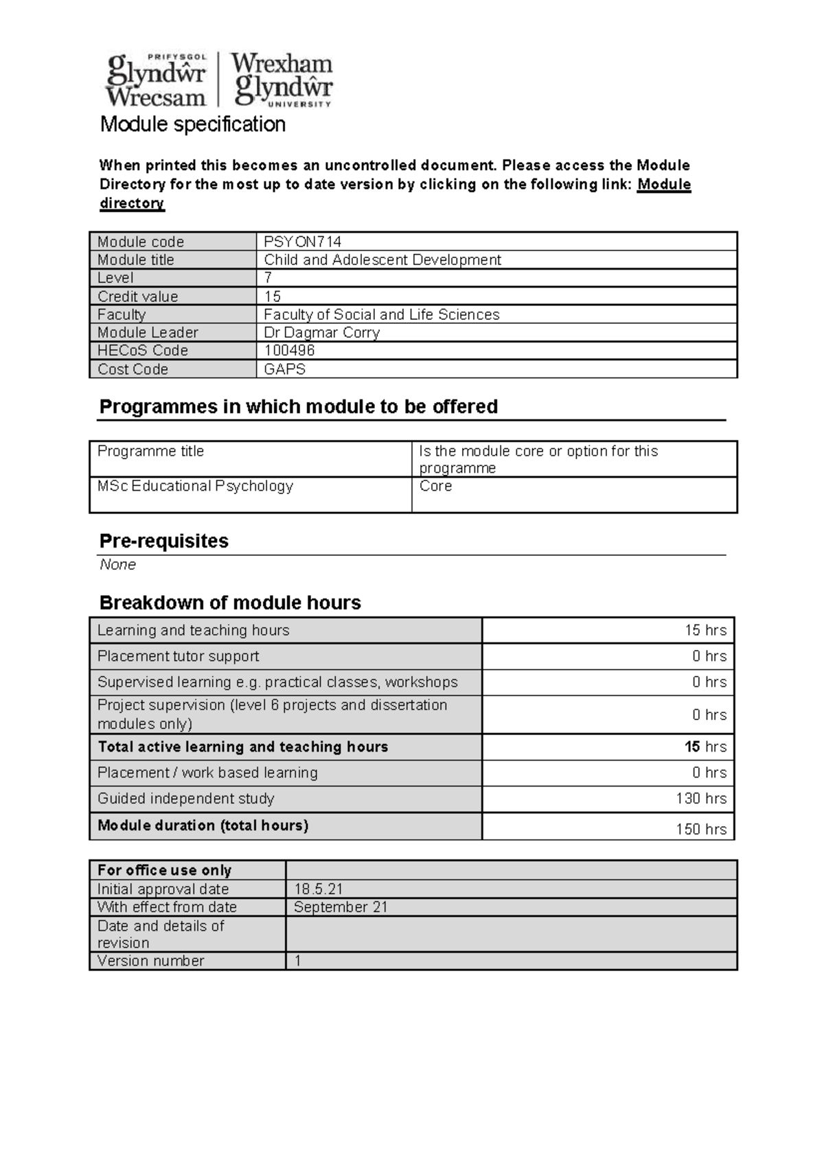 PSYON714 Child and Adolescent Development Module Specification - Studocu