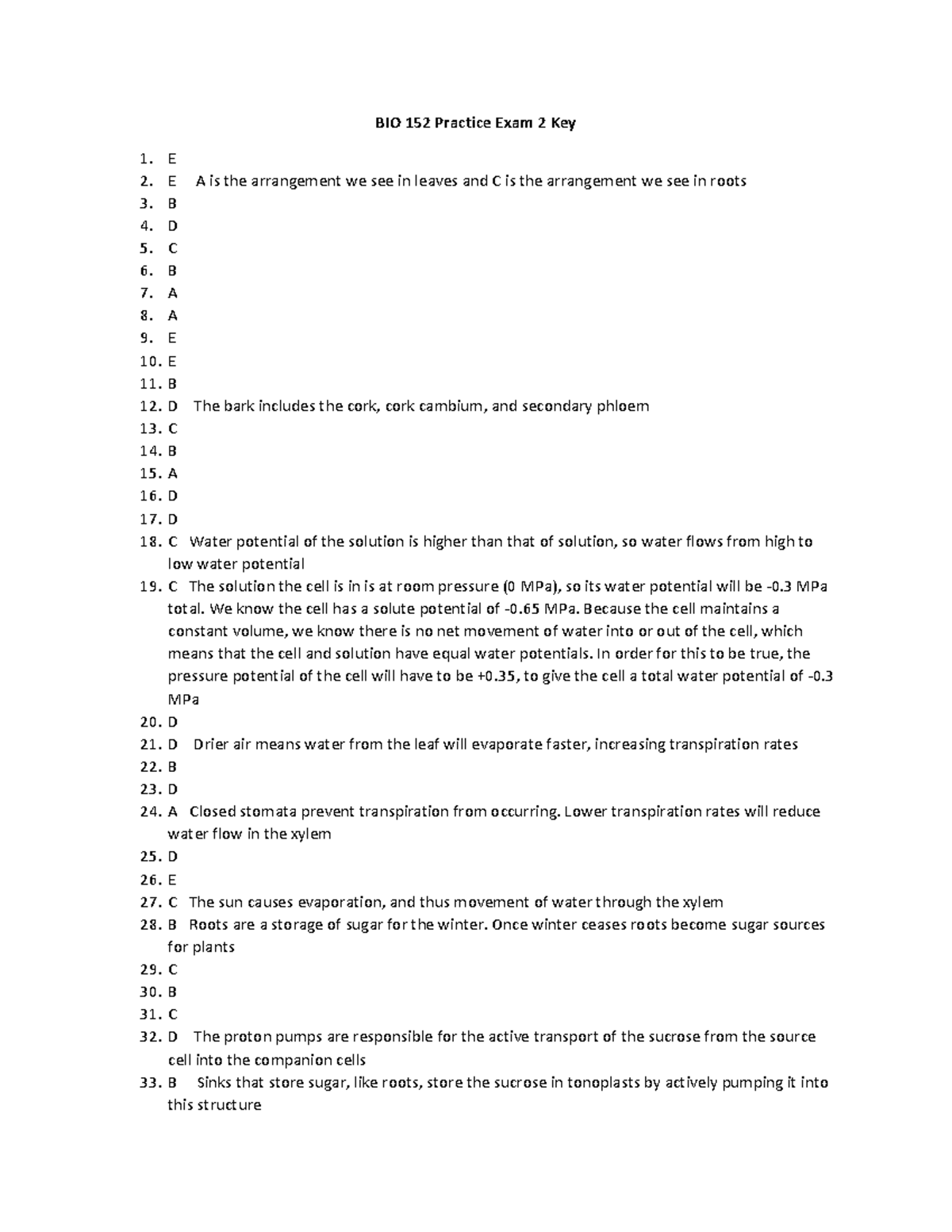 BIO 152 Practice Exam 2 Answer Key and Explanations - Studocu