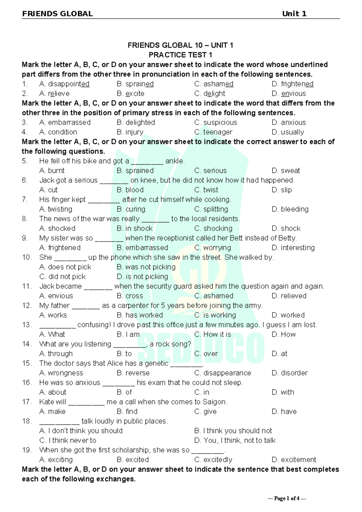 Tieng Anh 10 Friends Global - Unit 1 - Practice Test 1 - Studocu