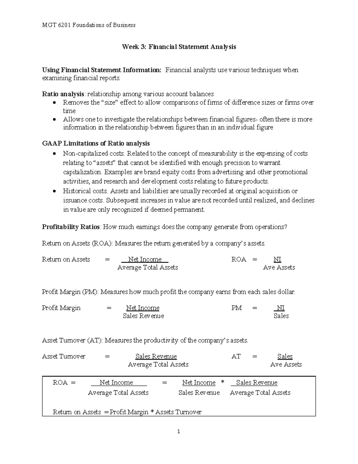 MGT 6201 Foundations of Business Week 3: Financial Statement Analysis ...