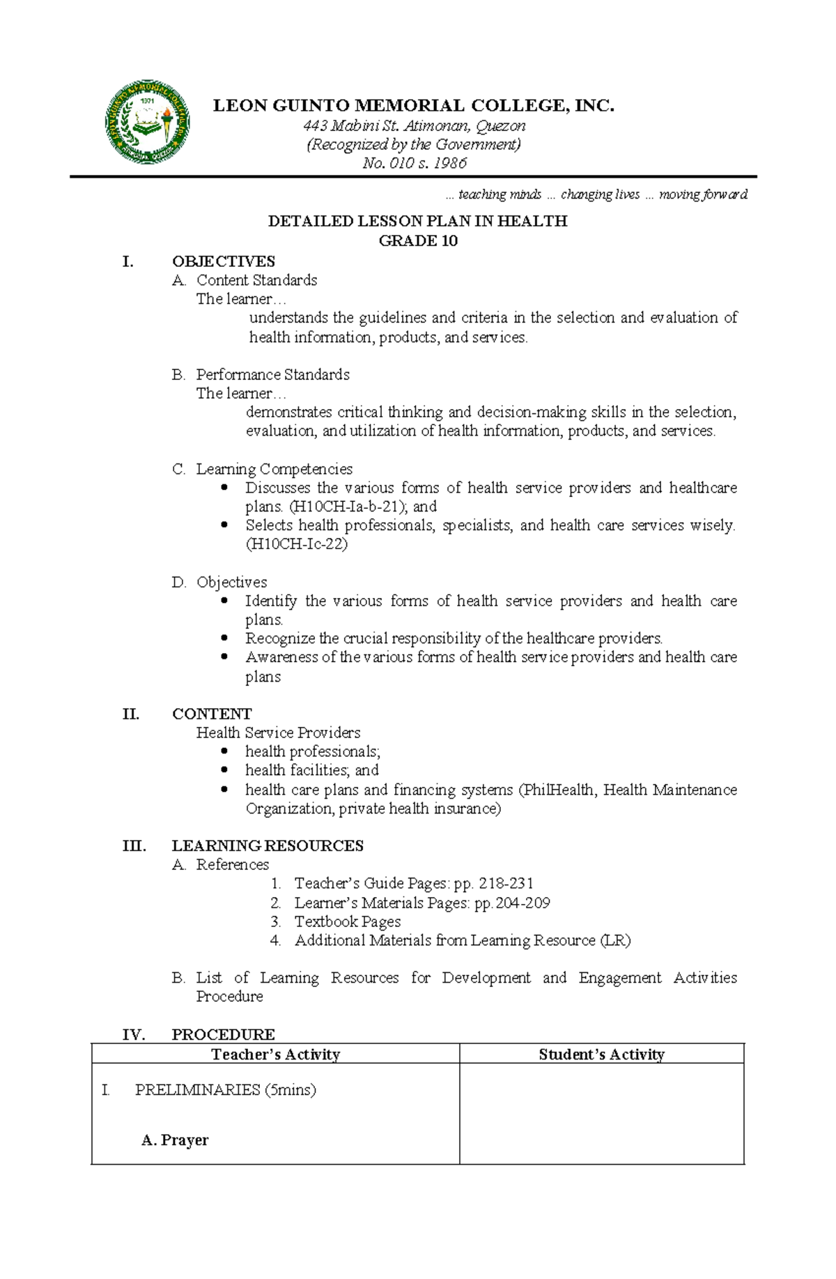 658938954 Health 10 Detailed Final Lesson Plan on Healthcare Providers ...