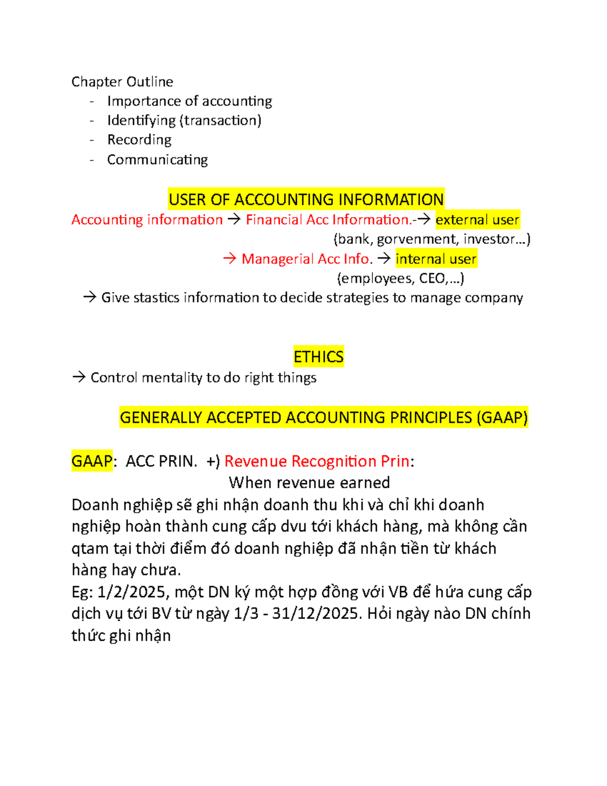 ACC 101 Chapter Outline: Importance of Accounting Principles - Studocu