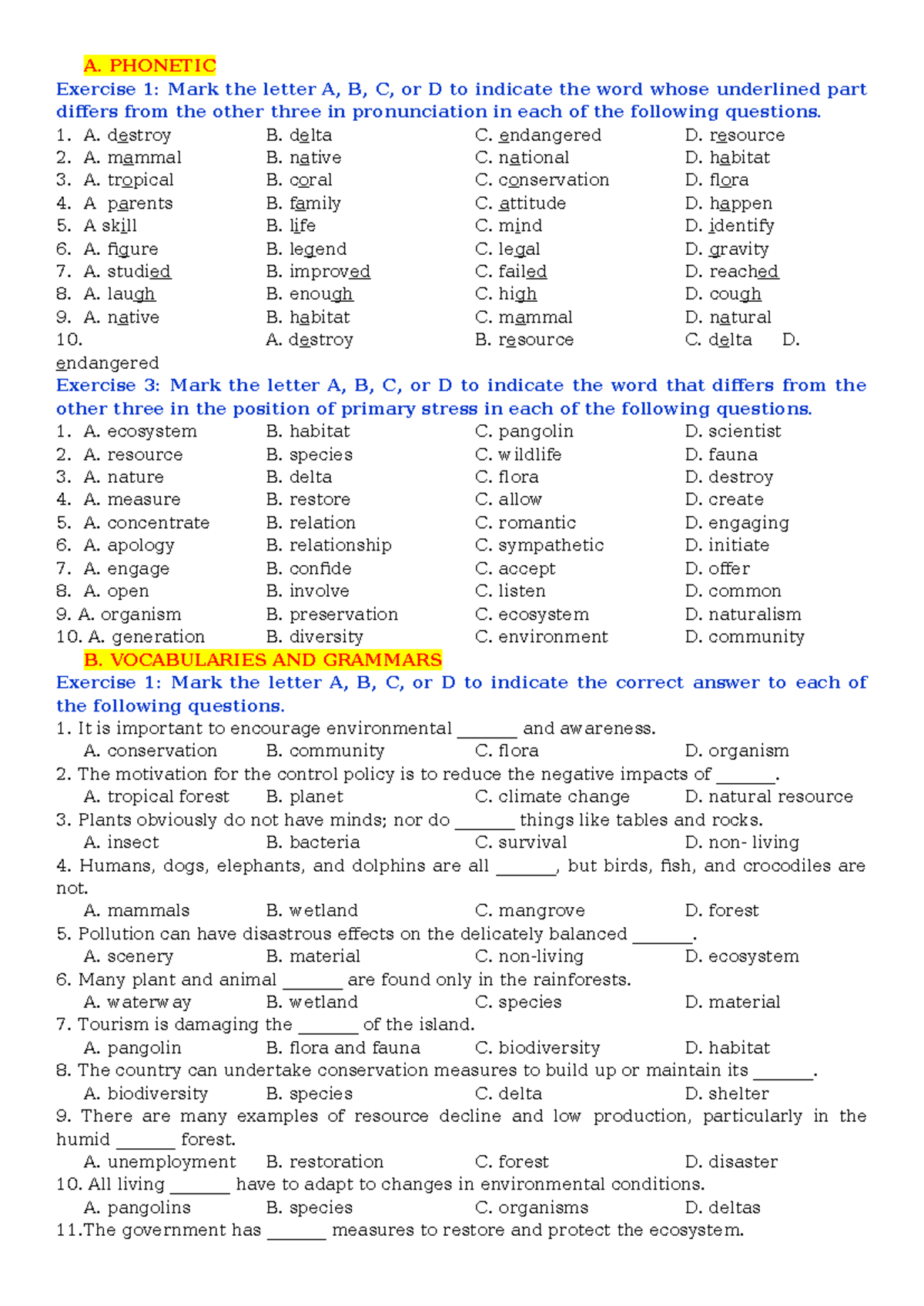 TEST UNIT 10: Phonetics, Vocabulary, and Grammar Exercises - Studocu