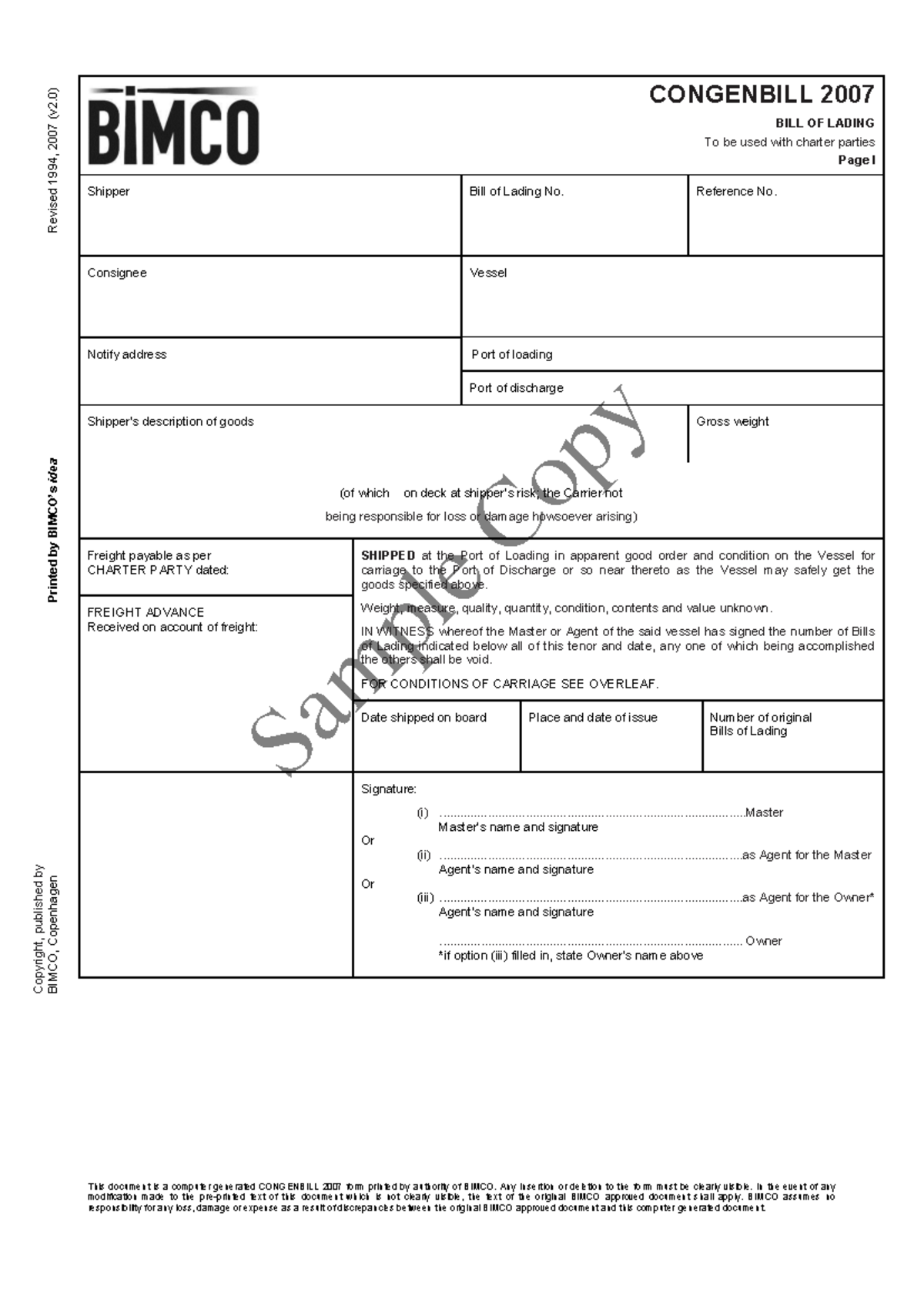 Sample Copy of CONGENBILL 2007 for Charter Parties - Studocu