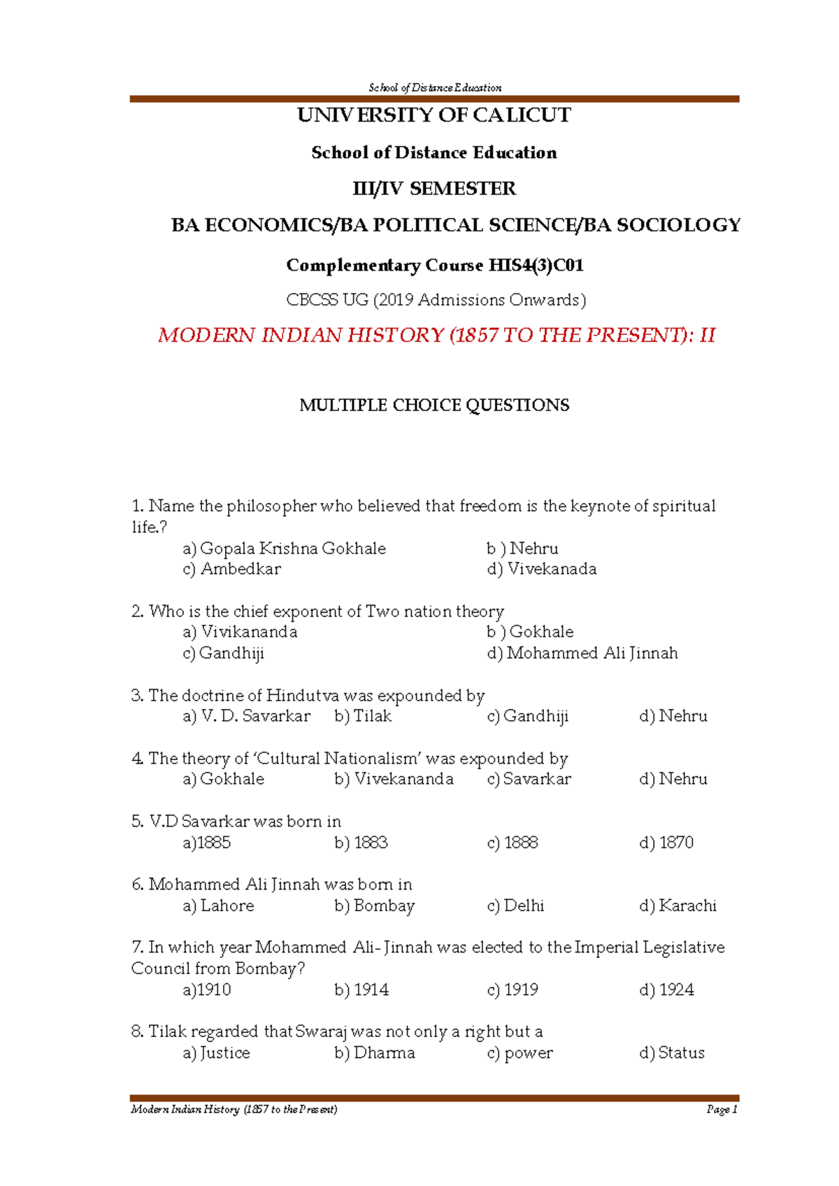 MCQ - Modern Indian History (1857 to Present) - II (HIS4(3)C) - Studocu