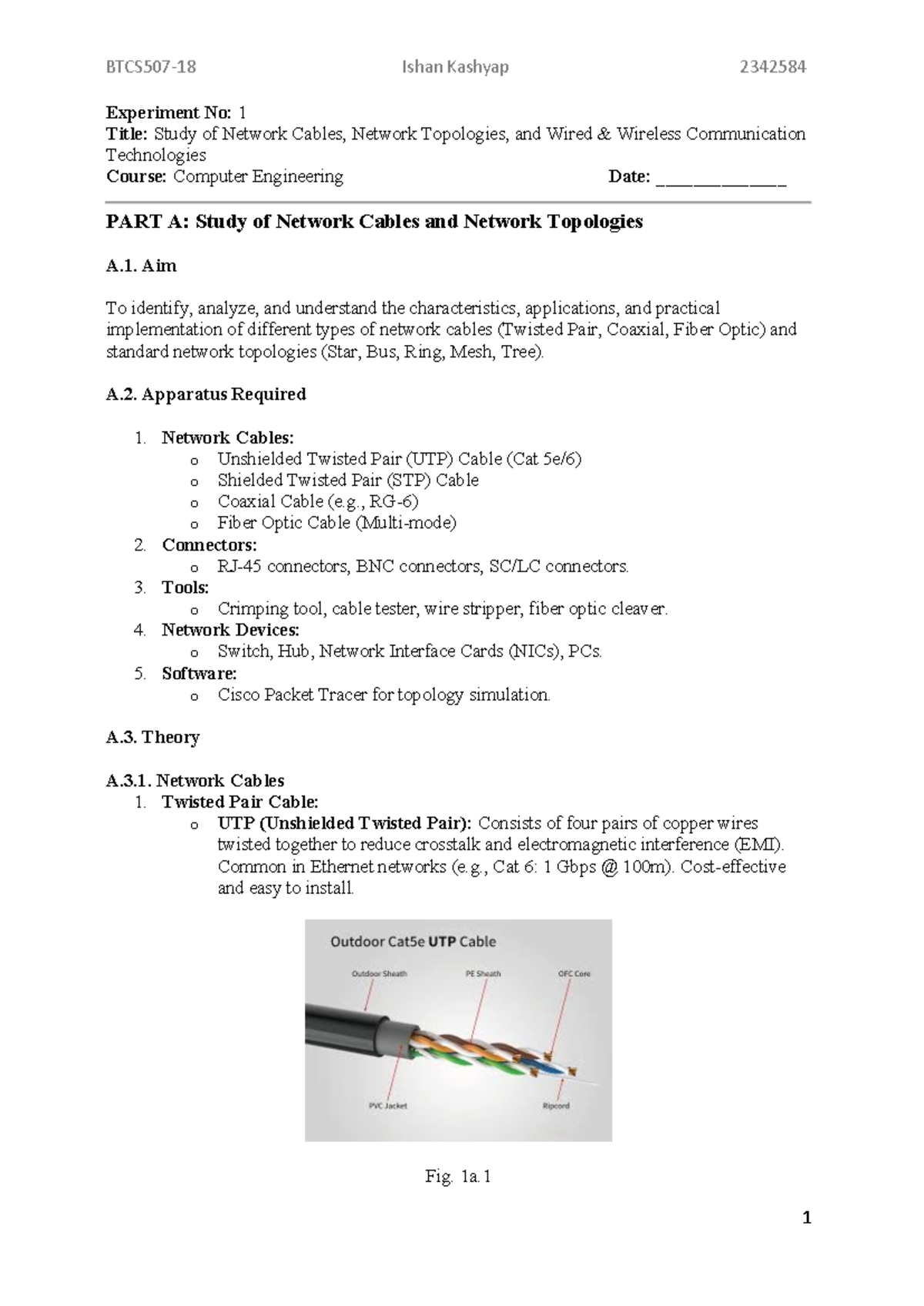 Experiment No: 1 - Study of Network Cables & Topologies (CSE 2342584 ...