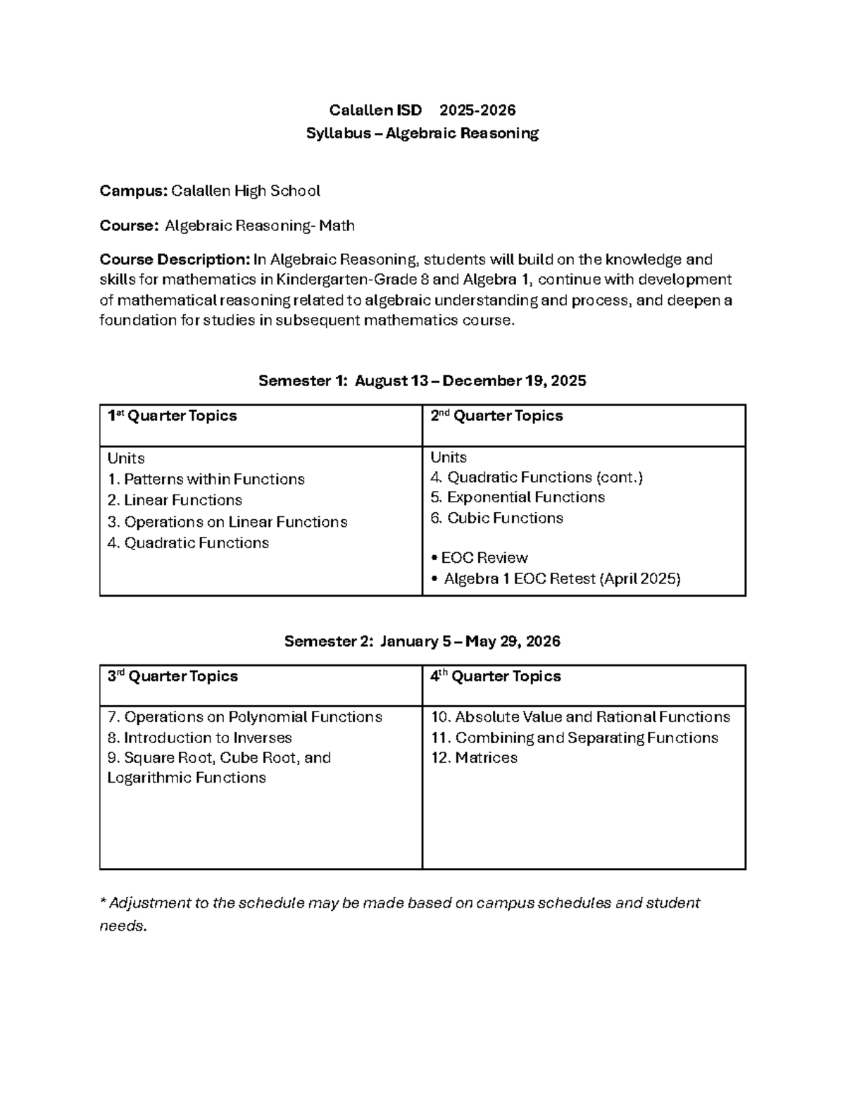 Algebraic Reasoning Syllabus - Algebra Math Course (Calallen ISD) - Studocu