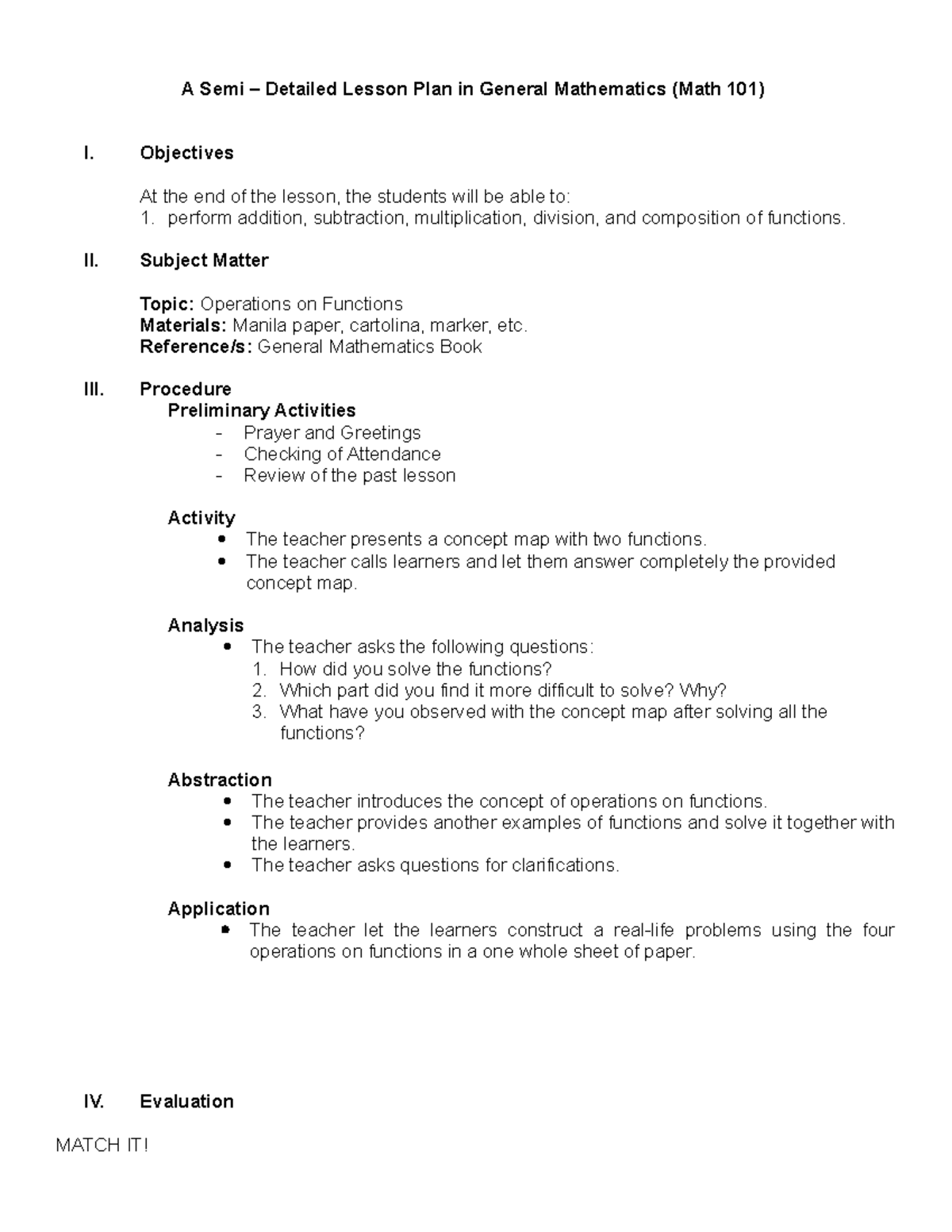 Semi-Detailed Lesson Plan on Operations with Functions (Math 101) - Studocu