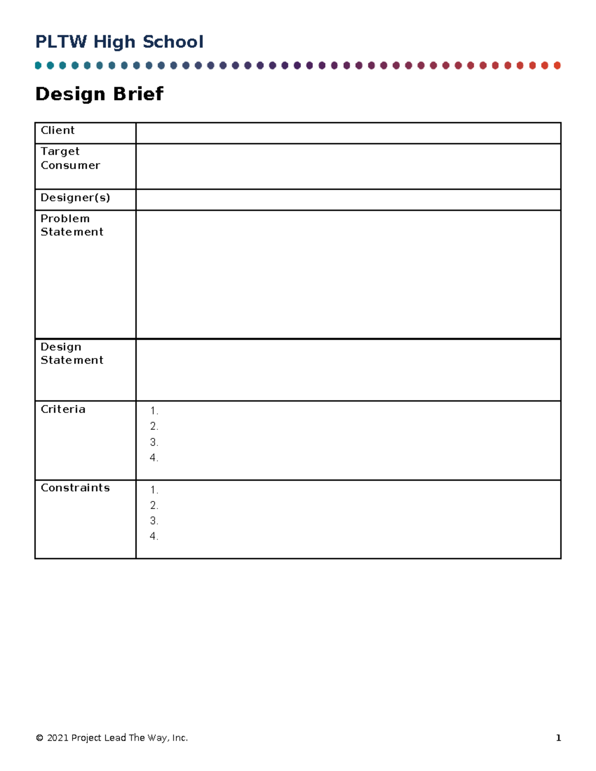 Gsr Design Brief Template - PLTW High School Design Brief Client Target ...