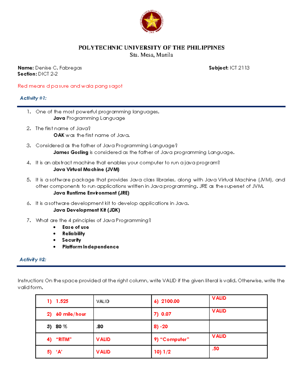 Java Programming Activities - ICT 2113 Lecture Notes and Exercises ...