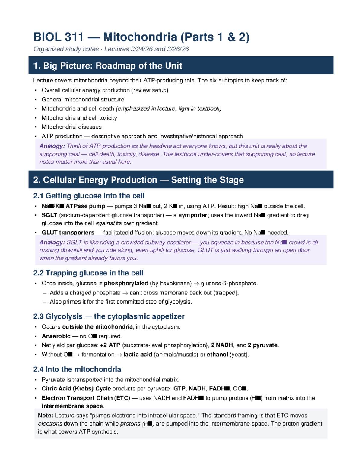 BIOL 311 Mitochondria: Comprehensive Study Sheet for Lectures - Studocu