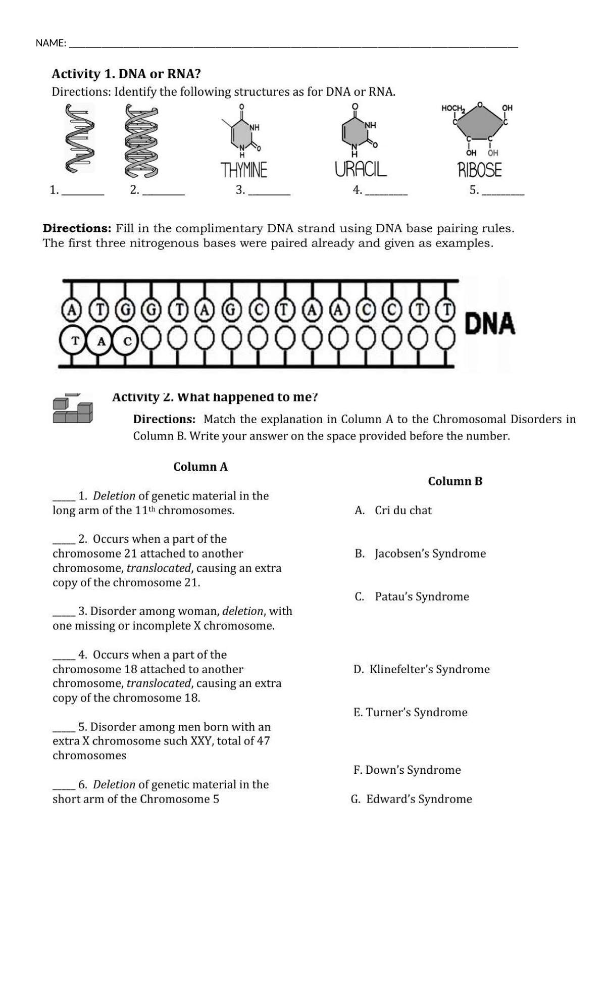 DNA vs RNA: Activity 1 & 2 on Chromosomal Disorders - Studocu