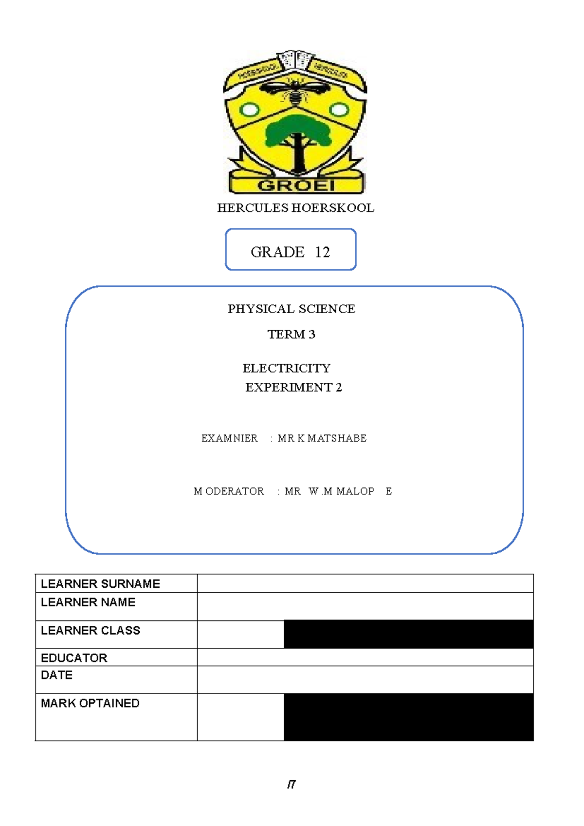 Internal Resistance Practical - LEARNER SURNAME LEARNER NAME LEARNER ...