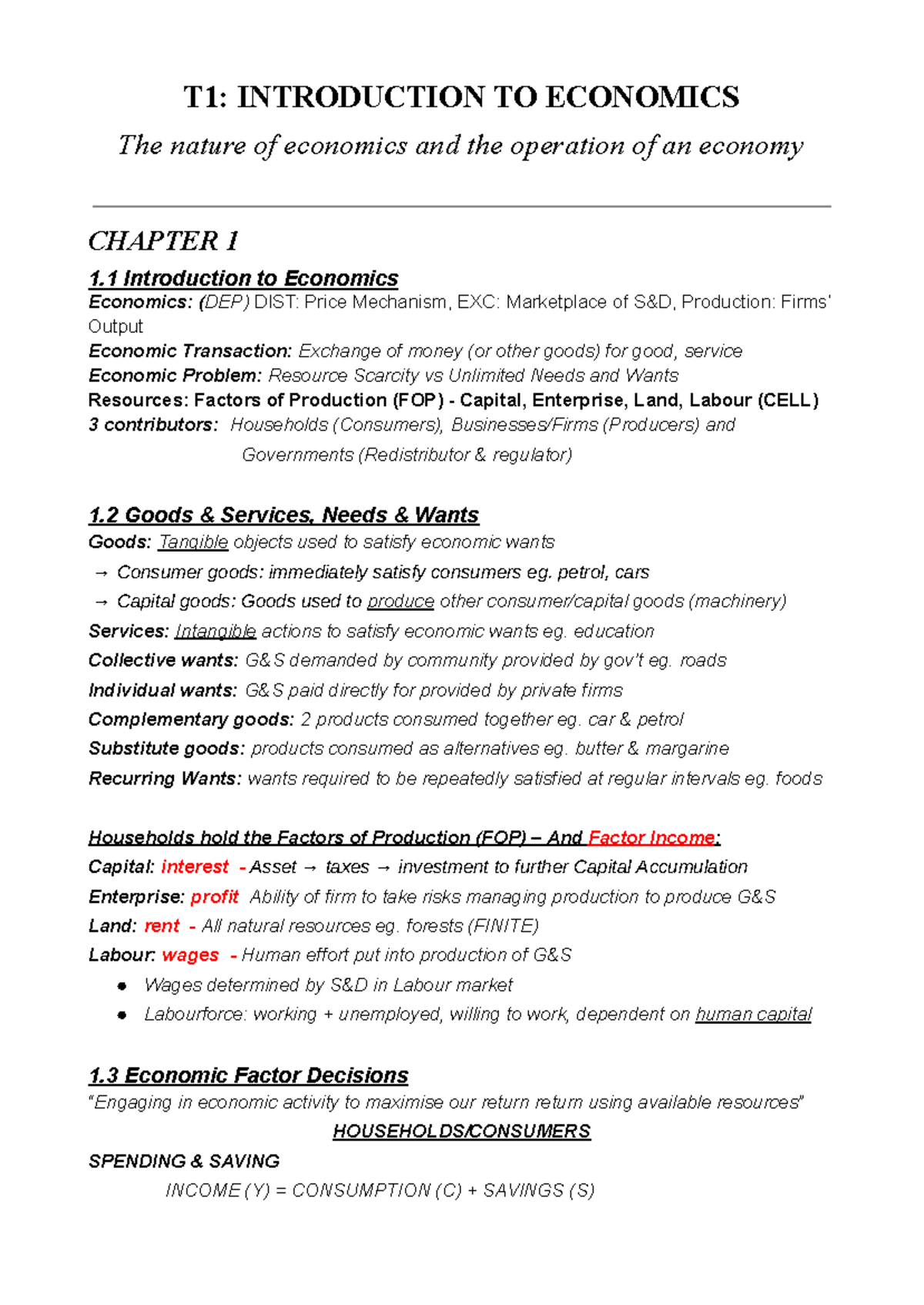 T1: INTRODUCTION TO ECONOMICS (DEP) CHAPTER 1 - Key Concepts and ...
