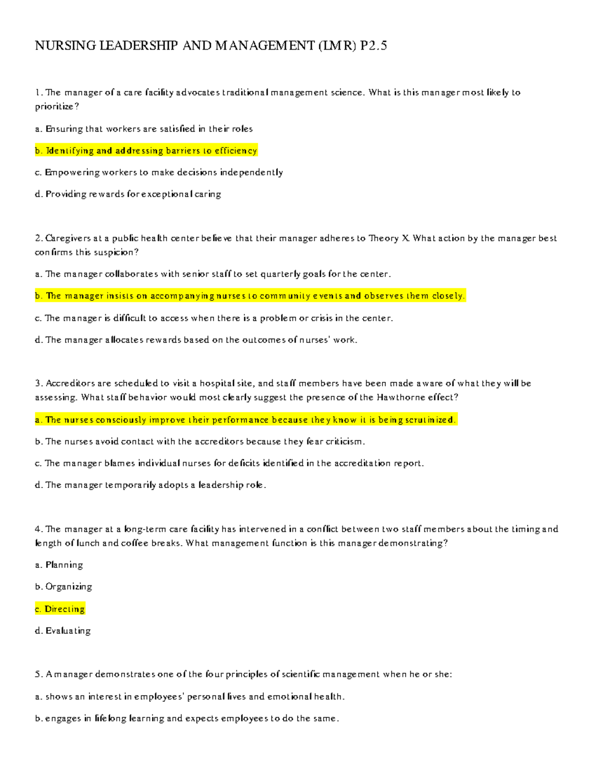 NURSING LEADERSHIP AND MANAGEMENT (LMR) P2.5 Study Guide - Studocu