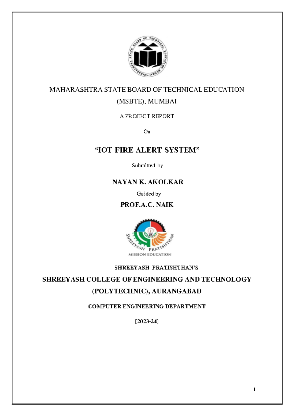 MSBTE Diploma Project Report on IoT-Based Fire Alert System - Studocu