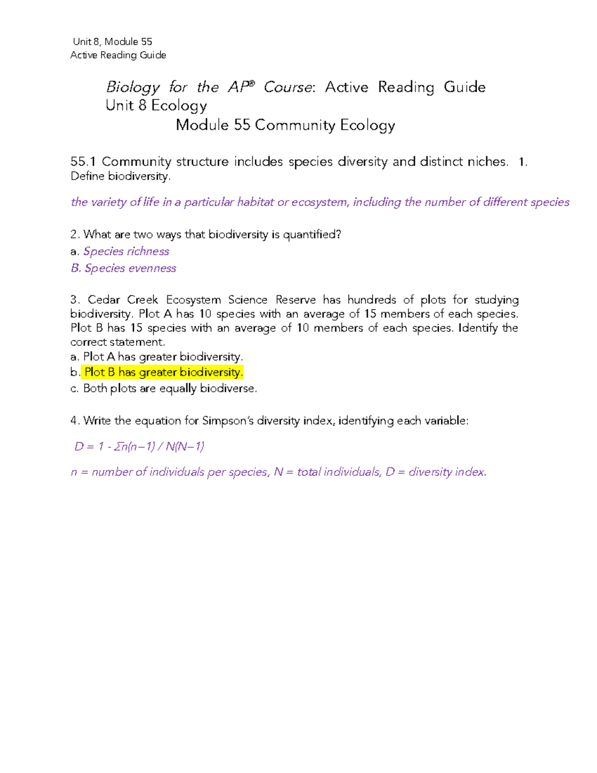 Unit 8, Module 55 Active Reading Guide: Community Ecology Insights ...
