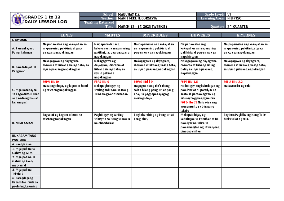 DLL Filipino 6 Q3 W5 - Daily Lesson Log Overview for Week 5 - Studocu