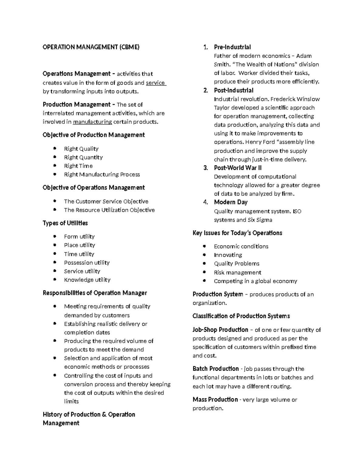 Operation Management (CBME) - Midterm Exam Study Notes - Studocu