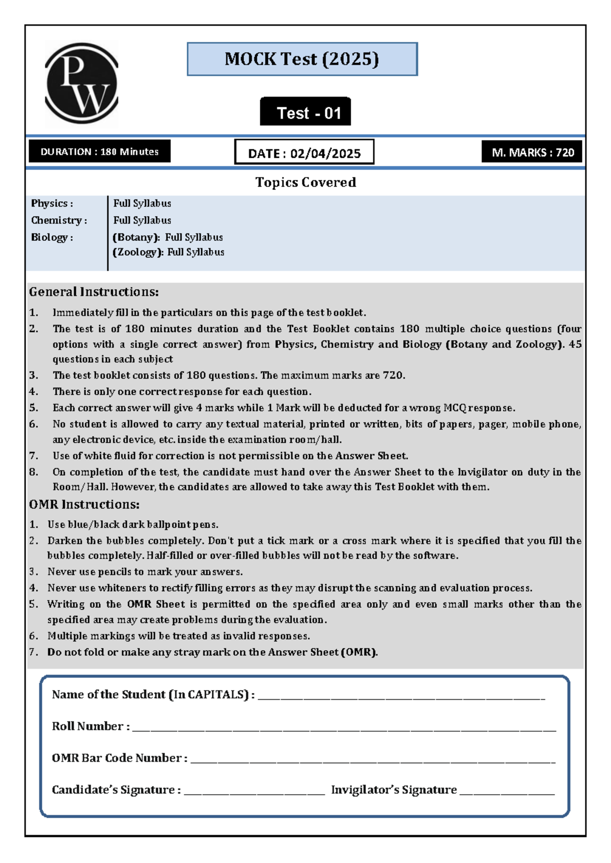 NEET MOCK Test (2025) - Comprehensive Assessment of Full Syllabus - Studocu