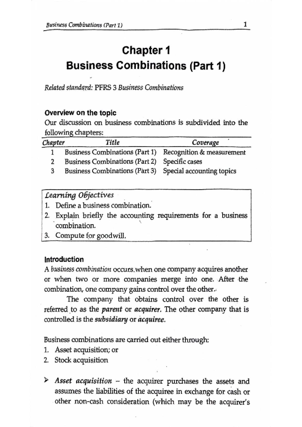 Bus Com 2024: Chapter 1 - Overview of Business Combinations - Studocu