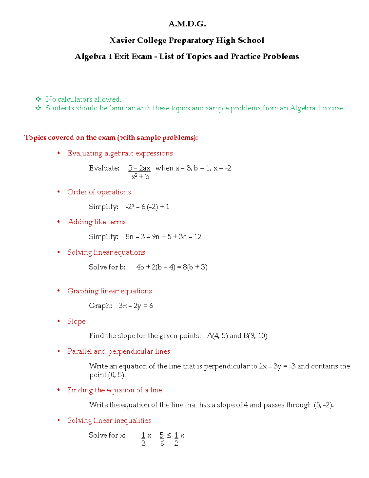 Xavier College Prep Algebra 1 Exit Exam Topics & Practice Guide - Studocu