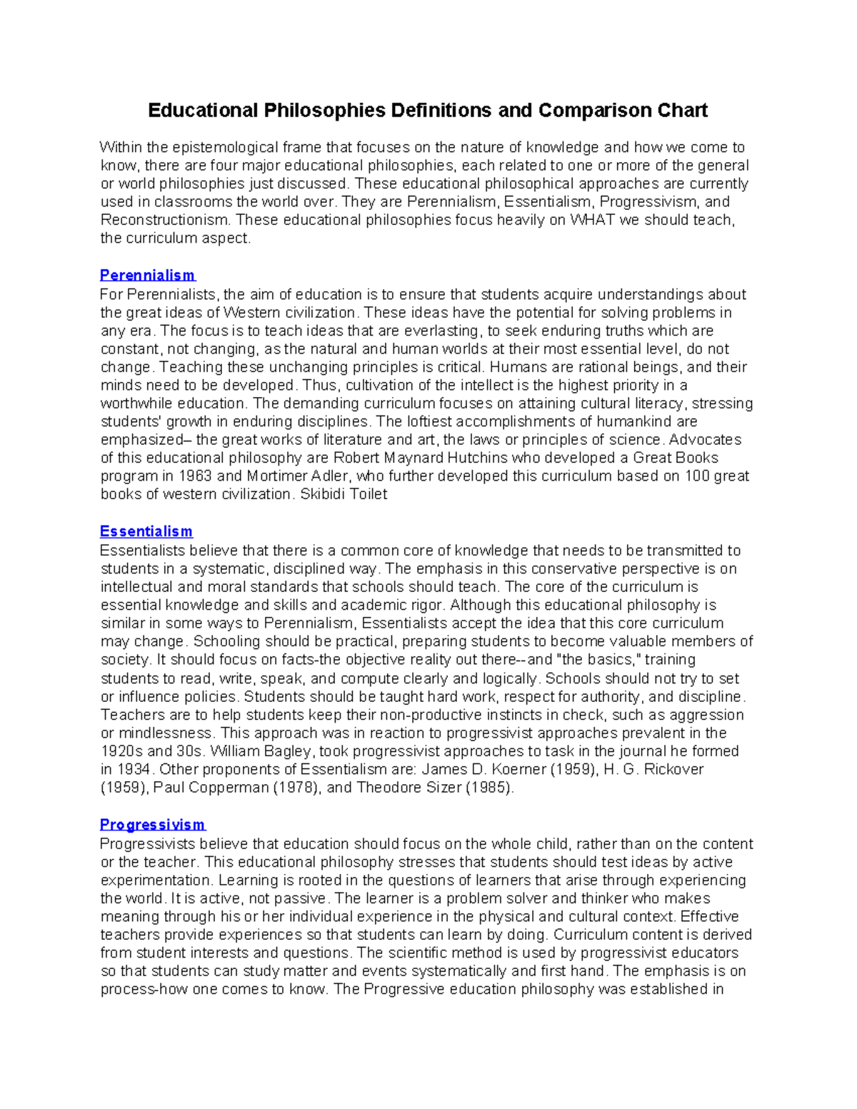 Philosophy 2: Definitions and Comparisons of Educational Philosophies ...
