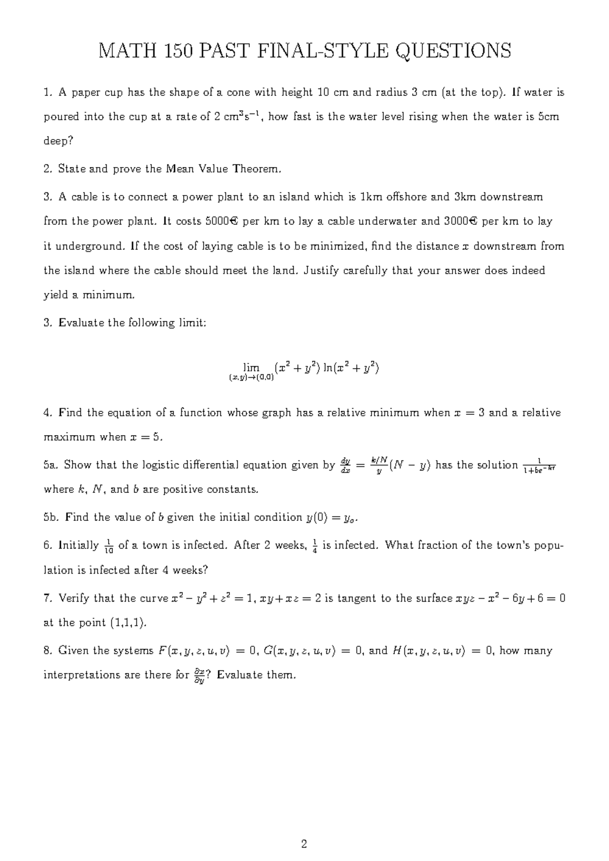 MATH 150 Final Exam Style Questions and Sample Problems - Studocu