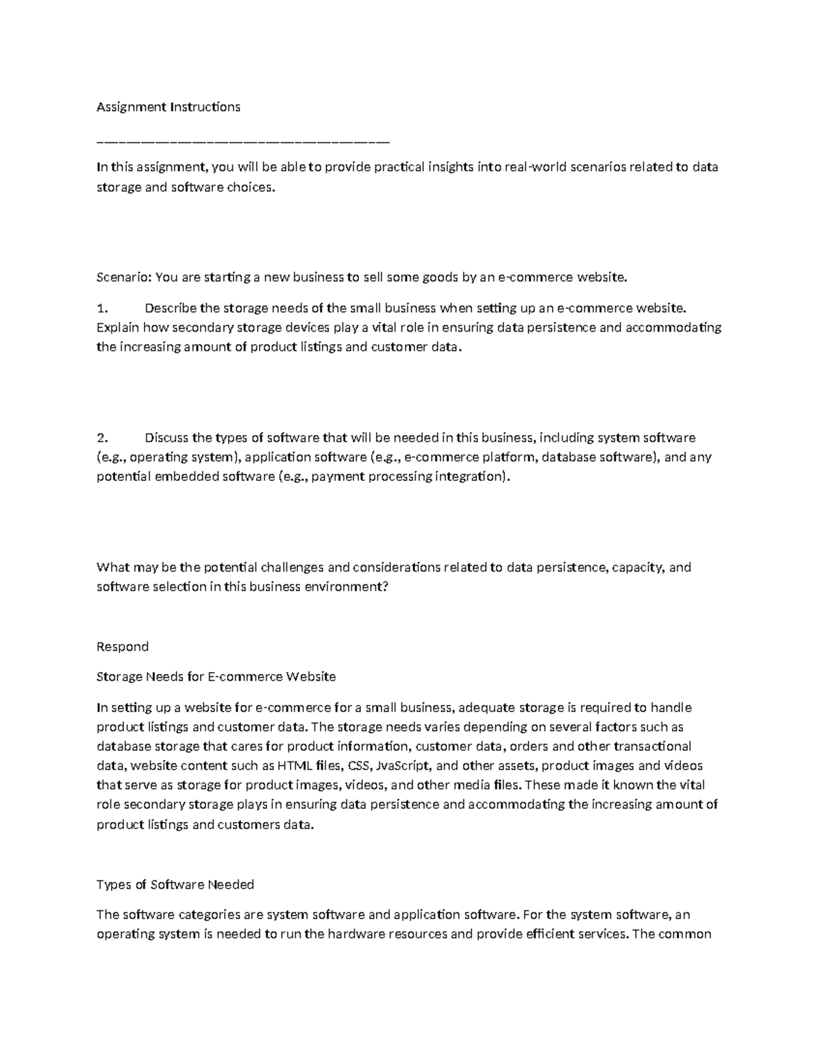 Unit 1 Assignment: Data Storage & Software Needs for E-Commerce Setup ...