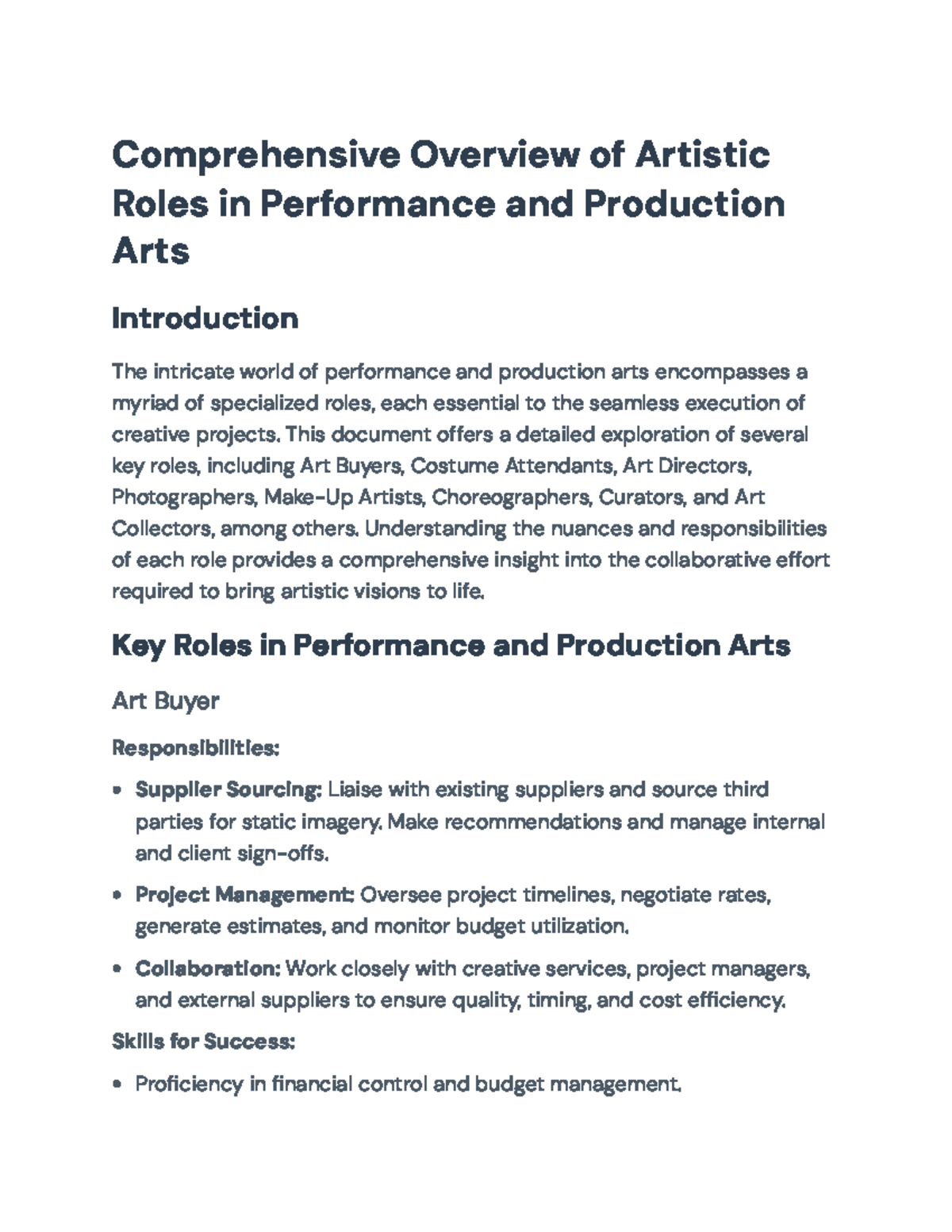 Key Roles in Performance and Production Arts Overview (ARTS 101 ...