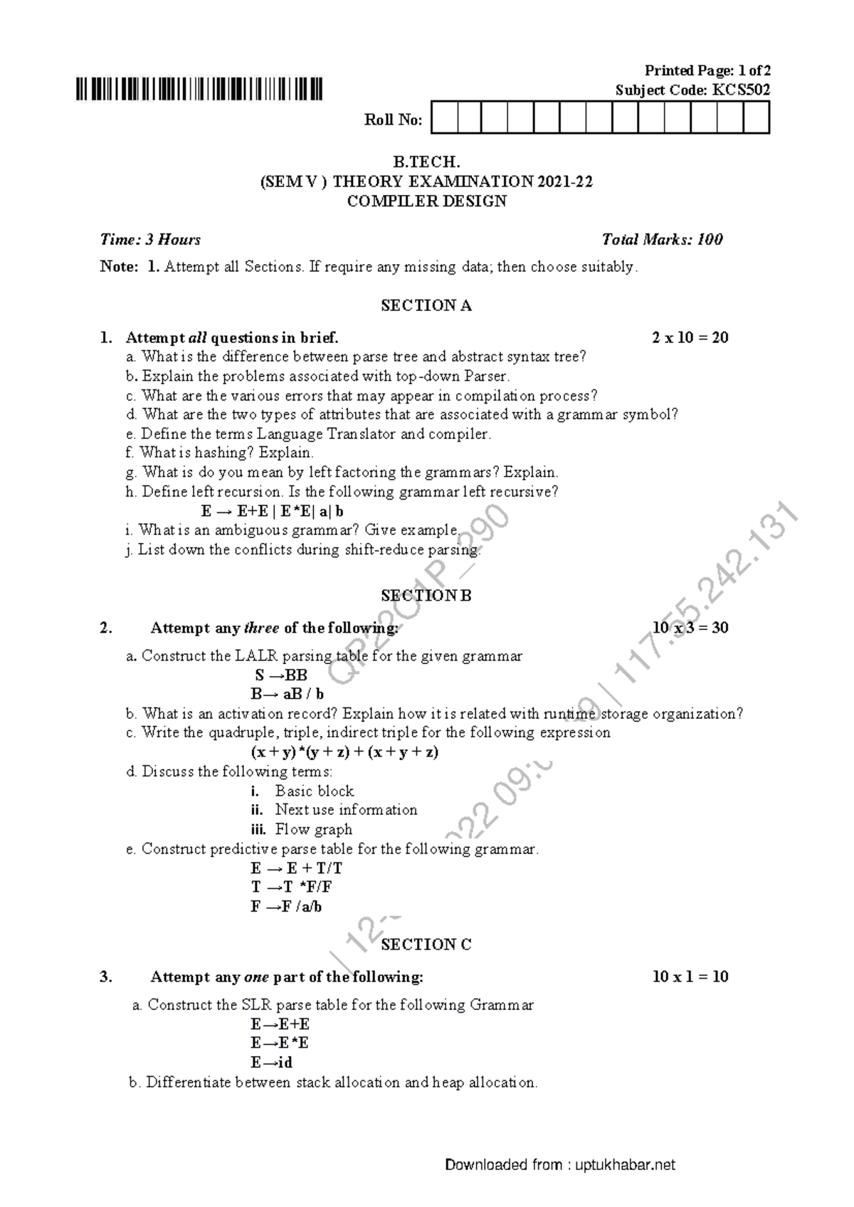 Compiler Design KCS502 Theory Exam Notes - B.Tech Sem V 2021 - Studocu