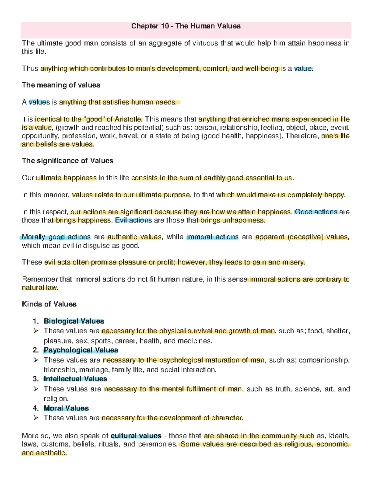 Ethics CH10 - Understanding Human Values and Their Significance - Studocu