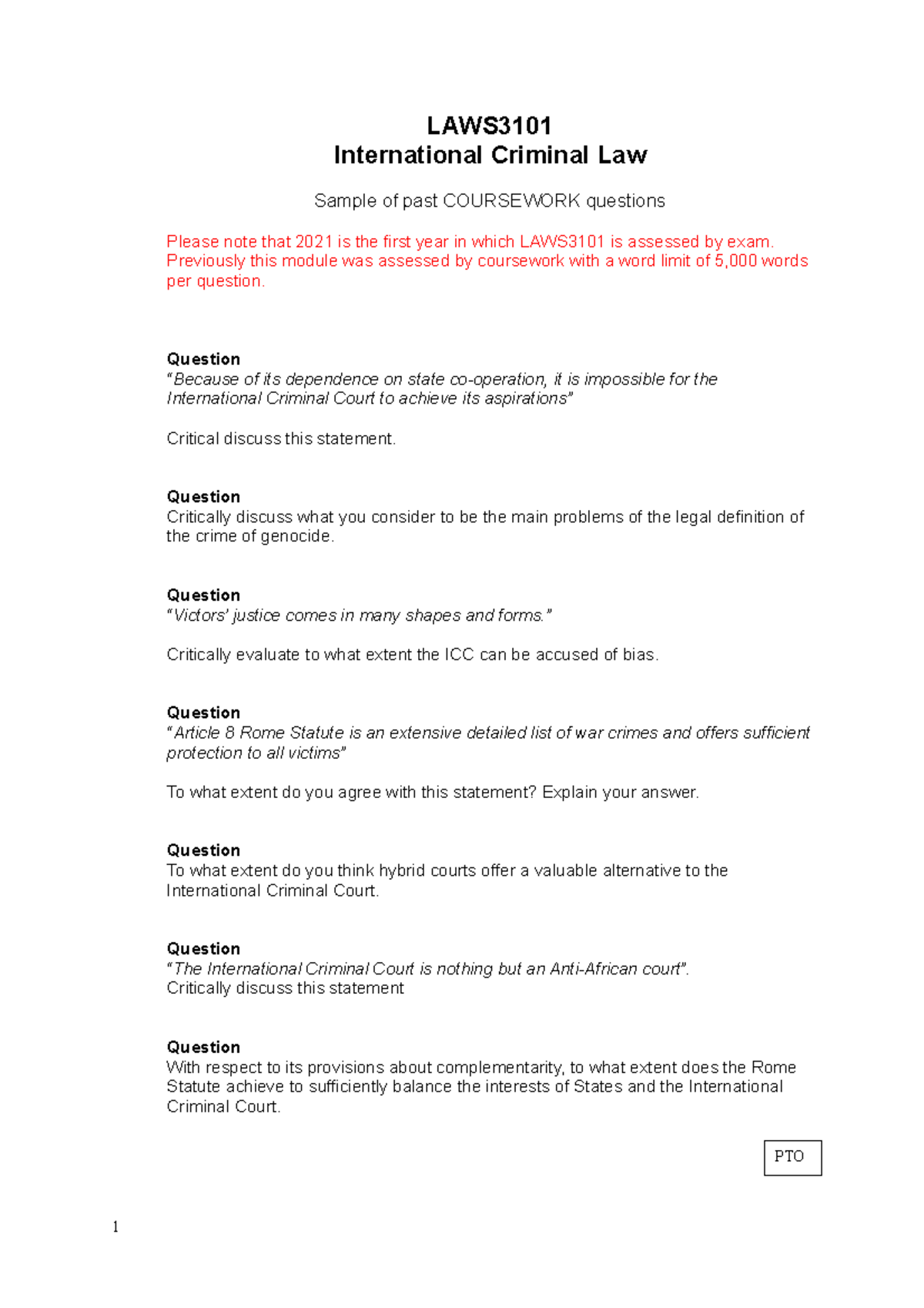 LAWS3101: Past Coursework Questions in International Criminal Law - Studocu