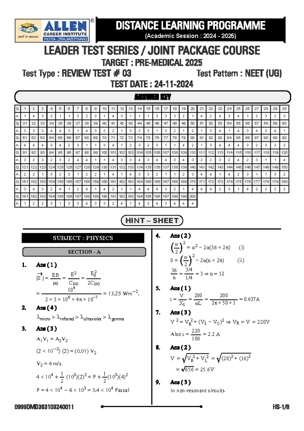 LEADER TEST SERIES JOINT PACKAGE: NEET (UG) REVIEW TEST 03 SOLUTIONS ...