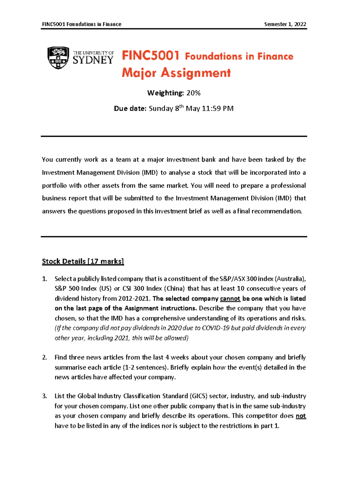 Major Assignment S12022 - Weighting: 2 0% Due date: Sunday 8th May 11: ...