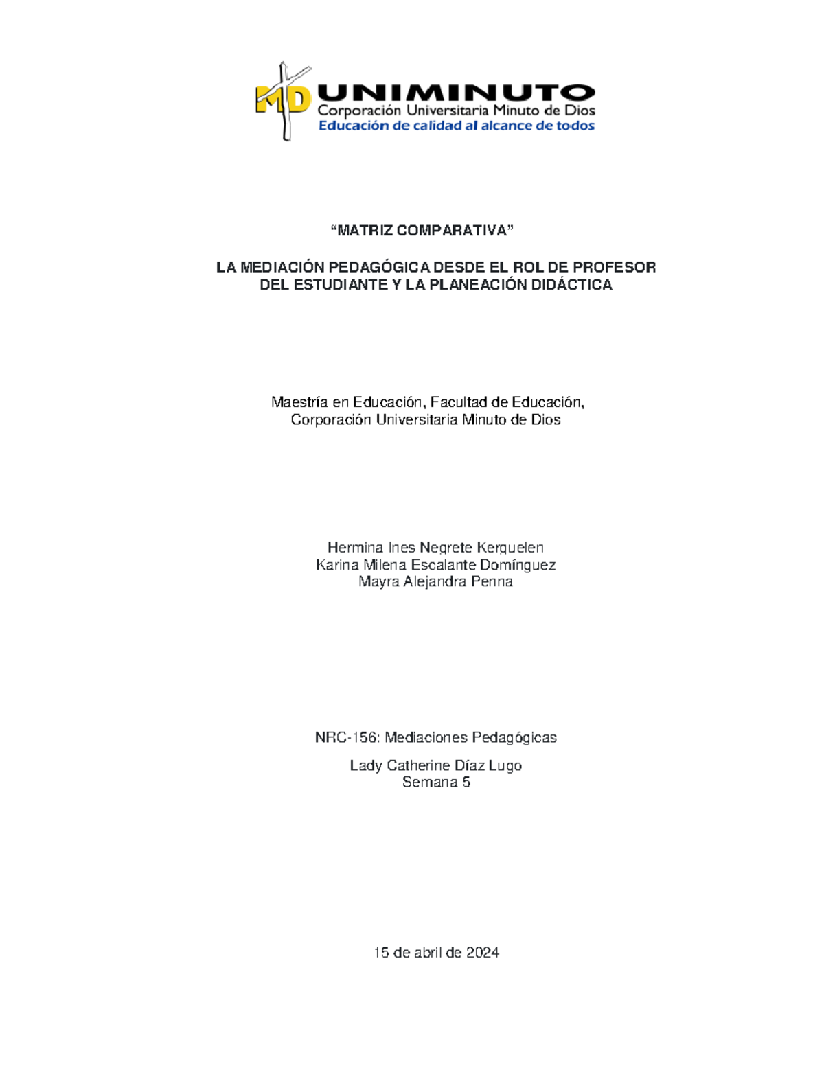 Matriz Comparativa de Mediación Pedagógica - Semana 5 NRC-156 - Document Preview