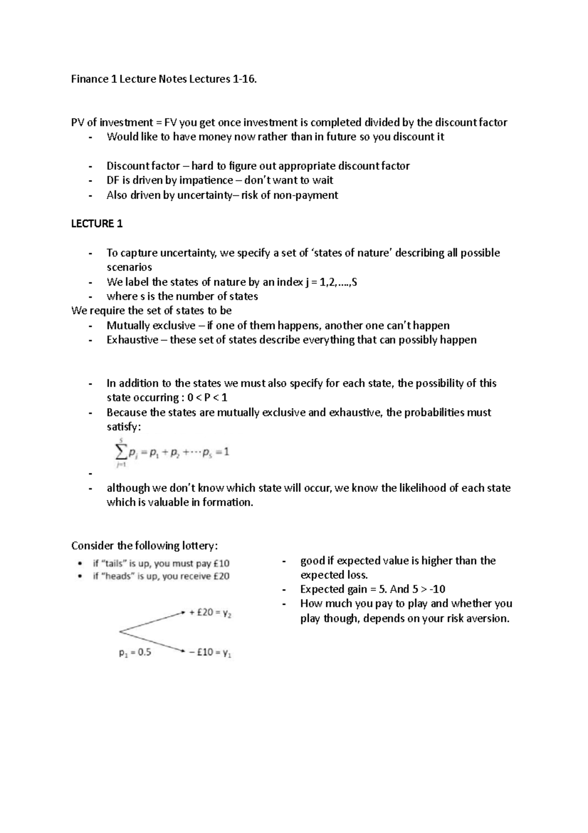Finance 1 Lecture Notes: Concepts from Lectures 1-16 - Studocu