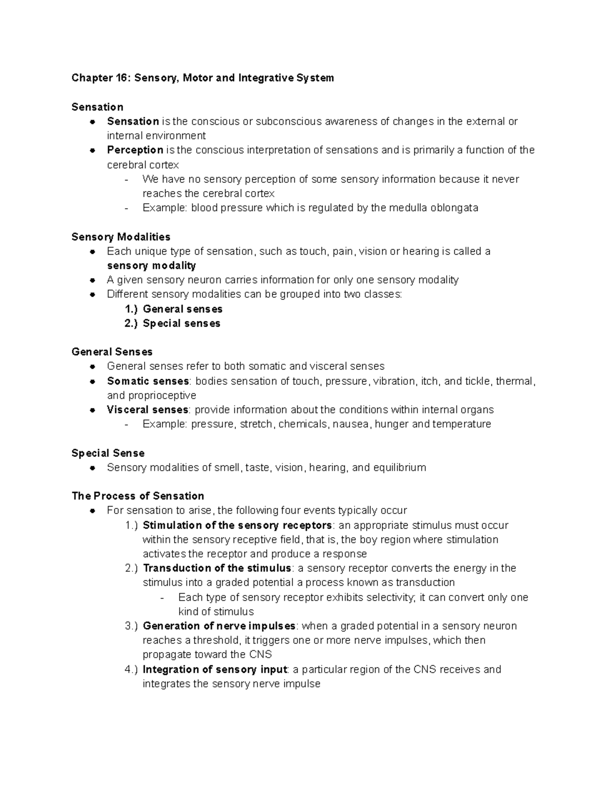 Chapter 16: Sensory, Motor, and Integrative Systems Overview - Studocu