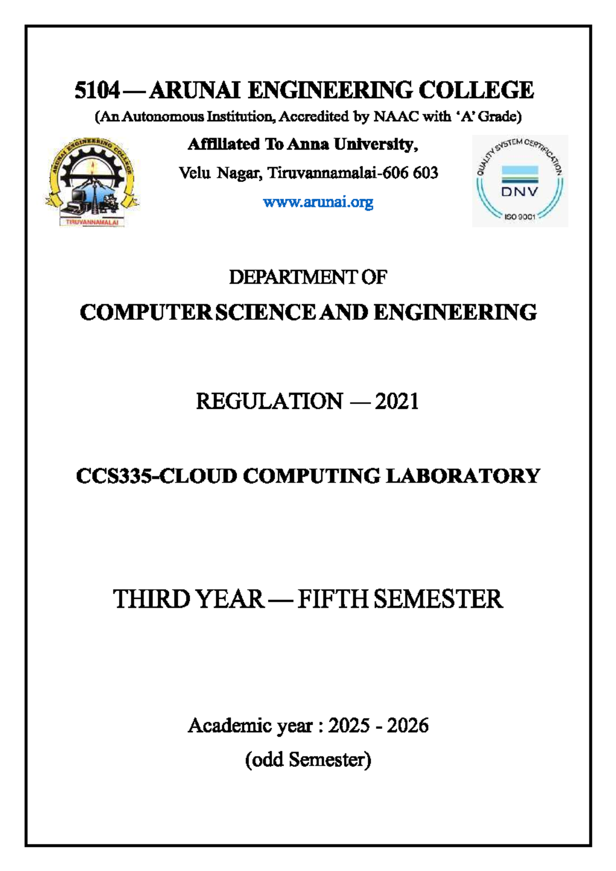 CCS335 Cloud Computing Lab Practical Exam Record - 2025-2026 - Studocu