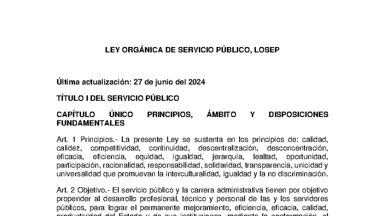 LEY ORGÁNICA DE SERVICIO PÚBLICO (LOSEP) - Actualización 2024 - Studocu
