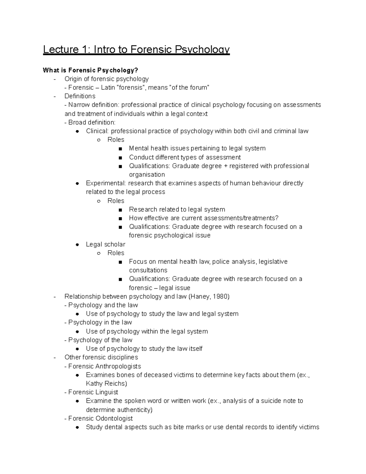 Full Course Notes - PSYC 2400: Forensic Psychology Overview and Key ...