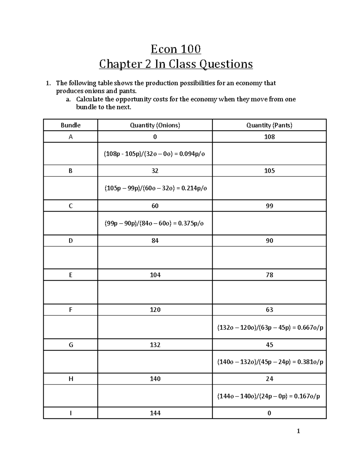 Econ 100 Ch 2 In-Class Questions on Production Possibilities - Studocu