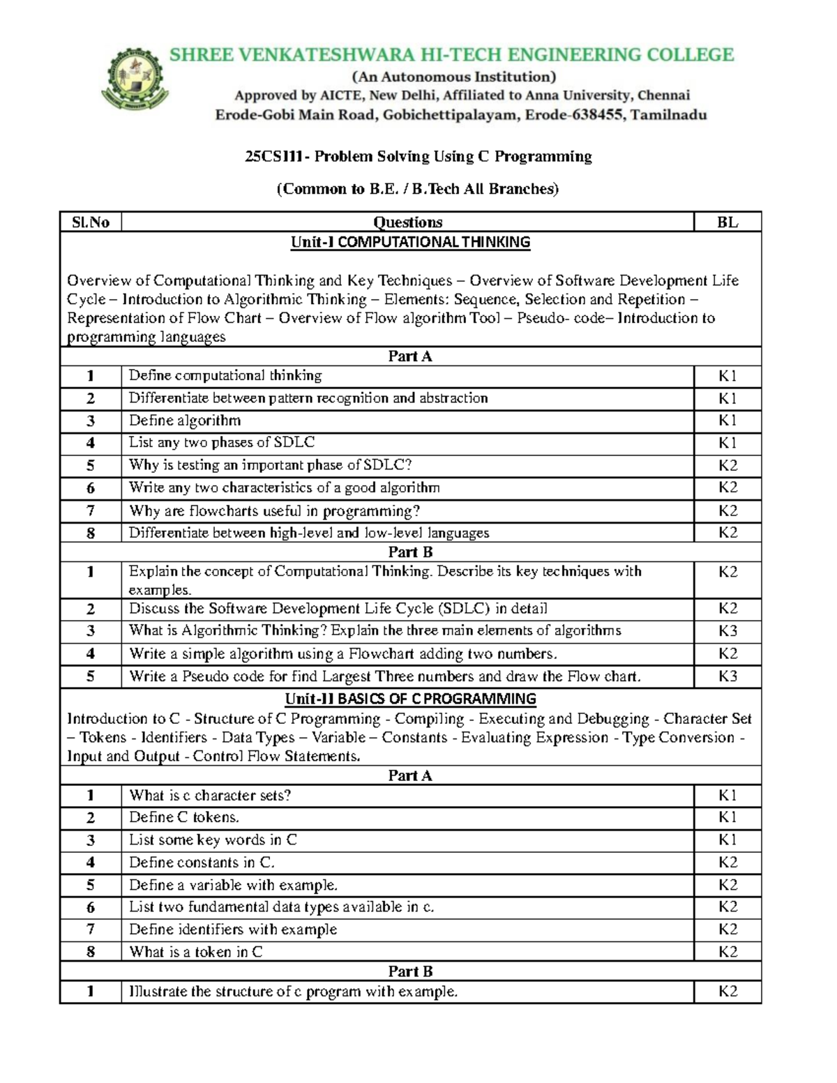 25CSI11 Problem Solving and C Programming Question Bank - Studocu