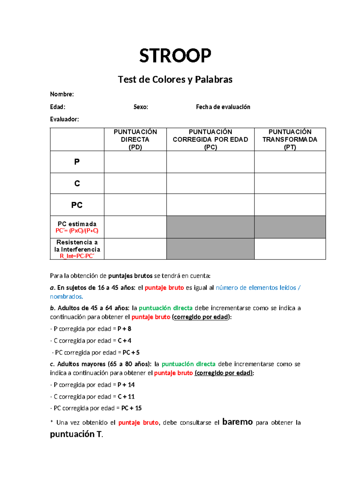 Puntuación T del Test de Stroop: Evaluación por Edad - Document Preview