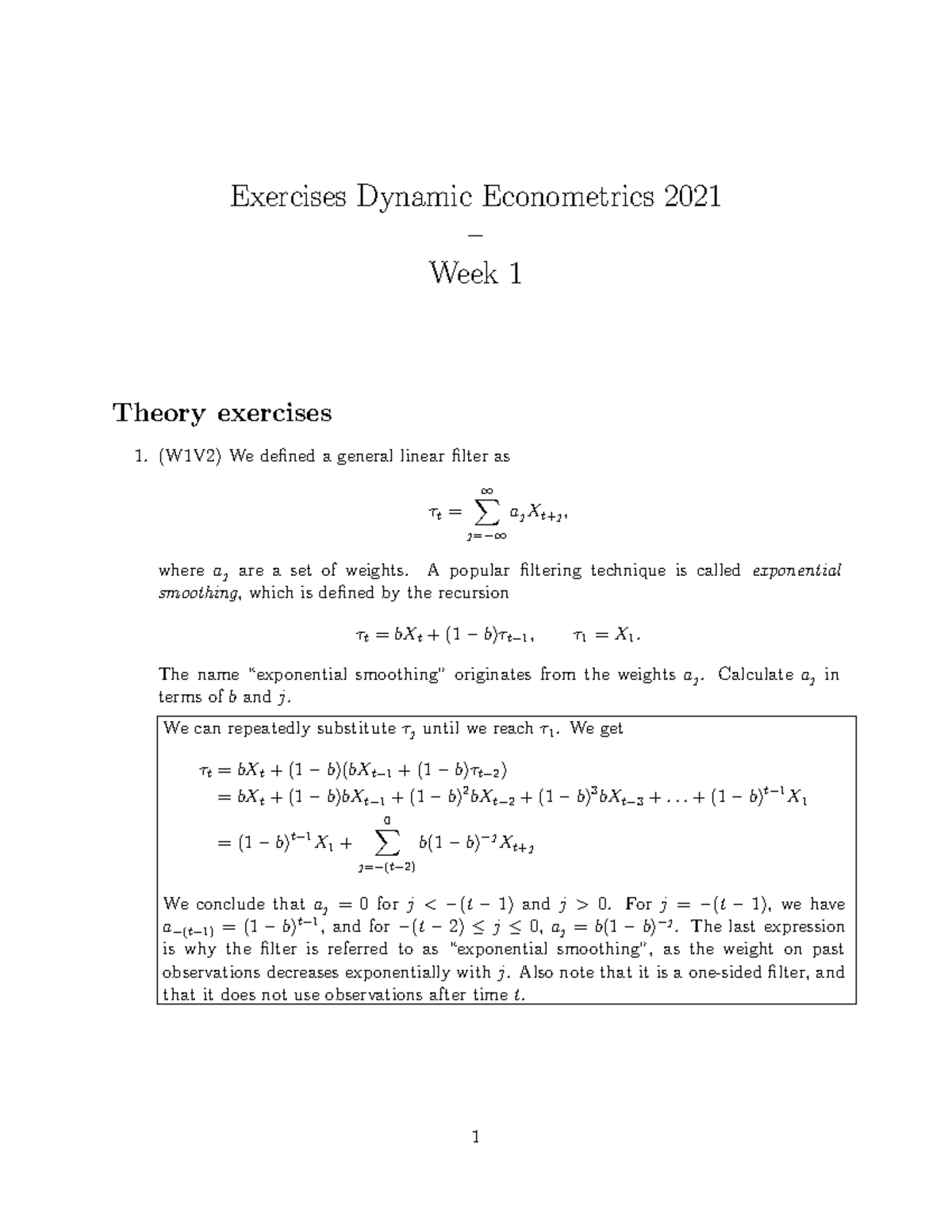 Dynamic Econometrics Exercises - Week 1 Solutions (2021) - Studeersnel