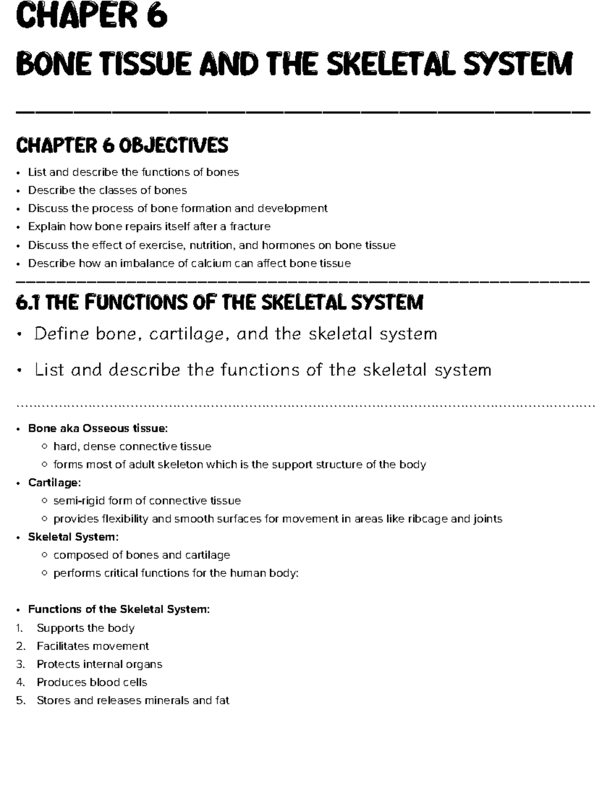 Ch. 6 Bone Tissue & Skeletal System Overview and Functions - Studocu
